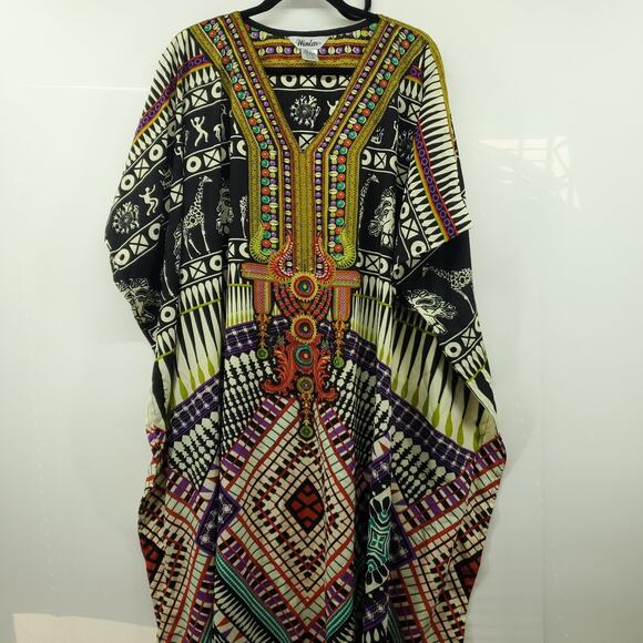 Winlar Layla Caftan Coverup Womens One Size Multicolor Boho Geometric Side Slit - Picture 1 of 7